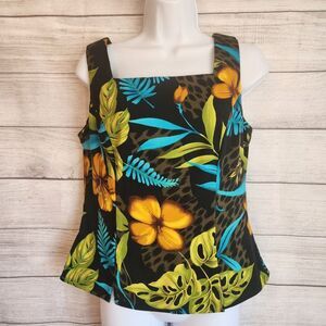 John Roberts 8 Tropical Floral Leopard Print Tank Boho Resort Chic Top